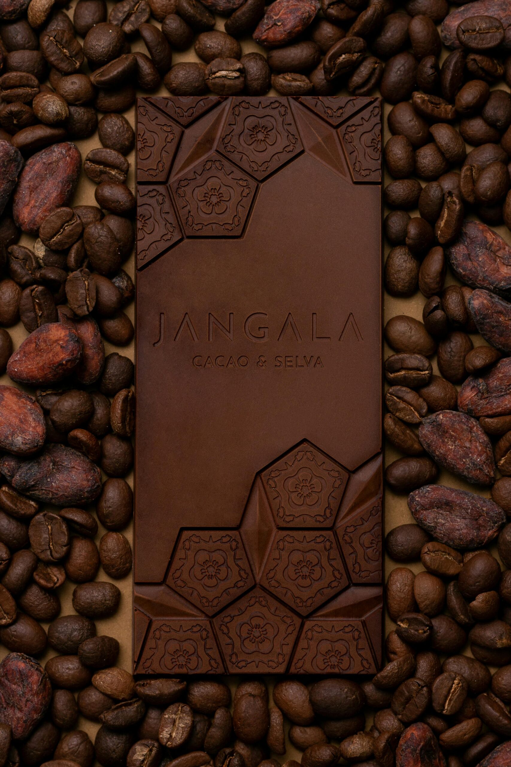 Artisanal chocolate bar with intricate design surrounded by cocoa beans from Chiapas, Mexico.